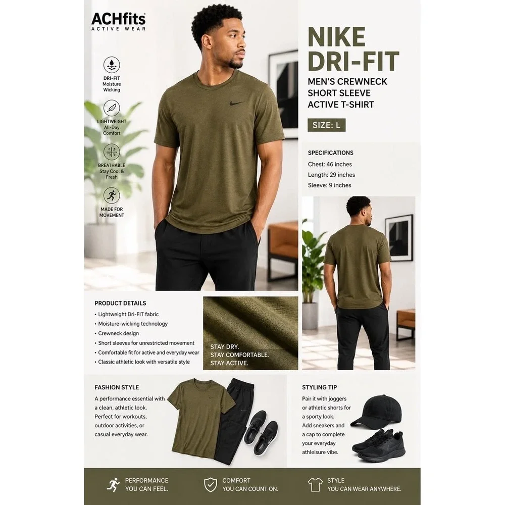 SIZE L- NIKE DRI-FIT MEN'S CREWNECK SHORT SLEEVE OLIVE GREEN ACTIVE T-SHIRT